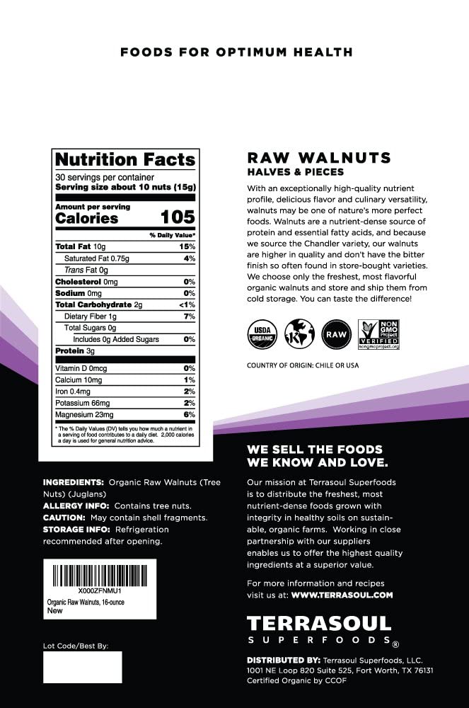 Terrasoul Superfoods Raw Organic Walnuts 16 Oz  Chandler Variety  Fresh  Light Color
