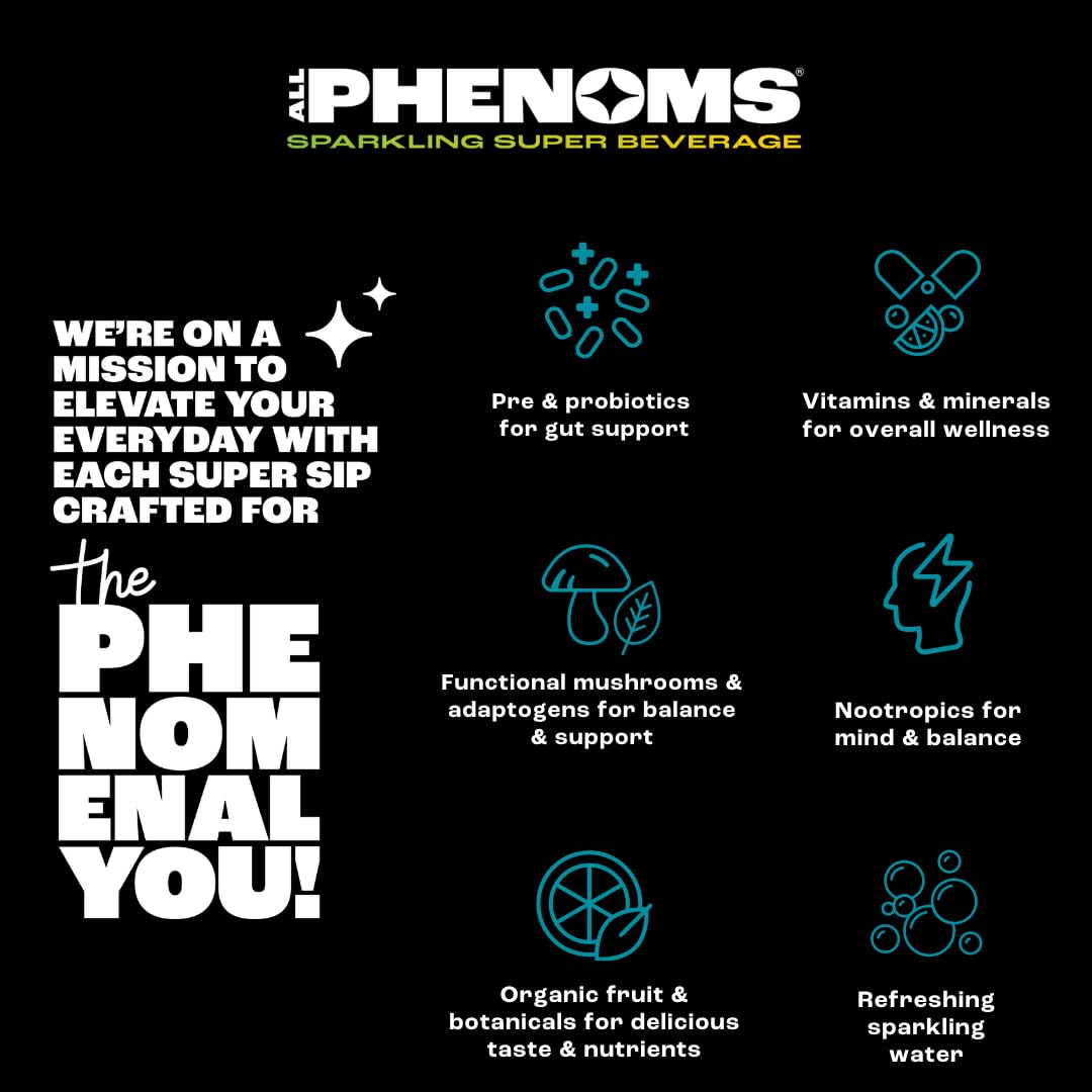 All Phenoms Energy Sparkling Organic Prebiotic  Probiotic Drink  Adaptogen Mushroom Blend 350mg Lions Mane 75mg Green Tea Caffeine 135mg LTheanine Vitamins B  Citrus Ginger 12 Pack