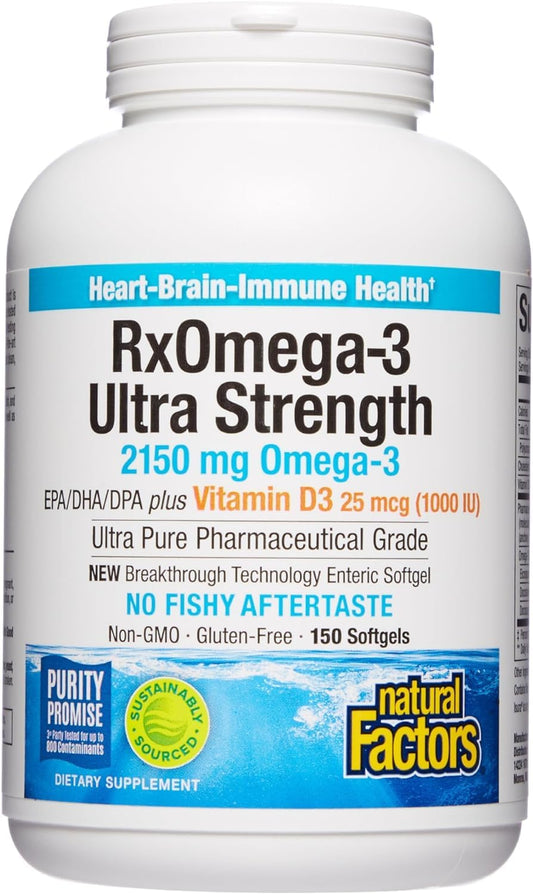 Natural Factors RxOmega-3 Ultra Strength Fish Oil with Vitamin D3, High Potency Formula, 2,150 mg, No Fishy Aftertaste, 150 Softgels