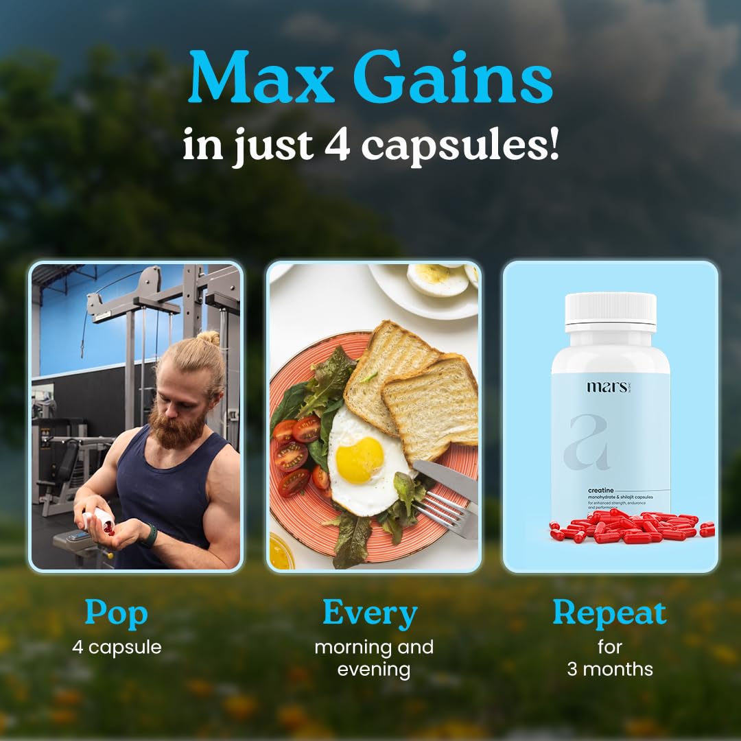 Mars Micronized Creatine Monohydrate Caps with Shilajit & Surgemax (120N) | 100% Pure & Natural | Overall Well-Being - Pack of 1