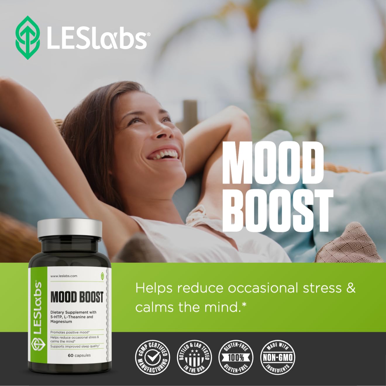 LES Labs Mood Boost - Stress Relief, Mood Support, Deep Relaxation & Better Sleep - 5-HTP, Ashwagandha, Rhodiola Rosea, Magnesium, L-Theanine & GABA - Non-GMO Supplement - 60 Capsules