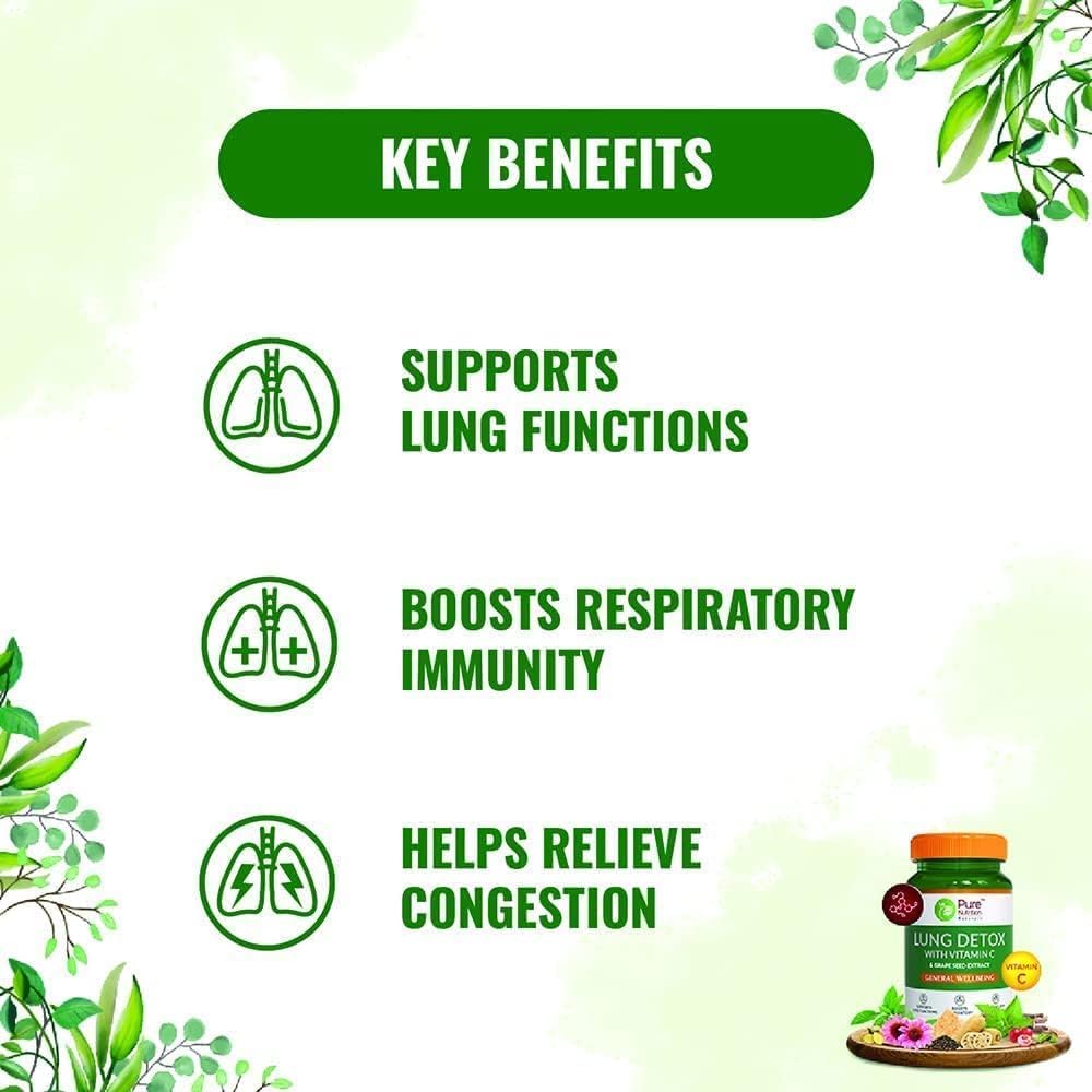 SENTA Pure Nutrition Lung Detox Supplement with Natural Herbal Blend of Vitamin C, Grapeseed & Vasaka Leaves Extract | Lung Cleanser for Detoxification of Lung and Immune Defence - 60 Veg Capsules