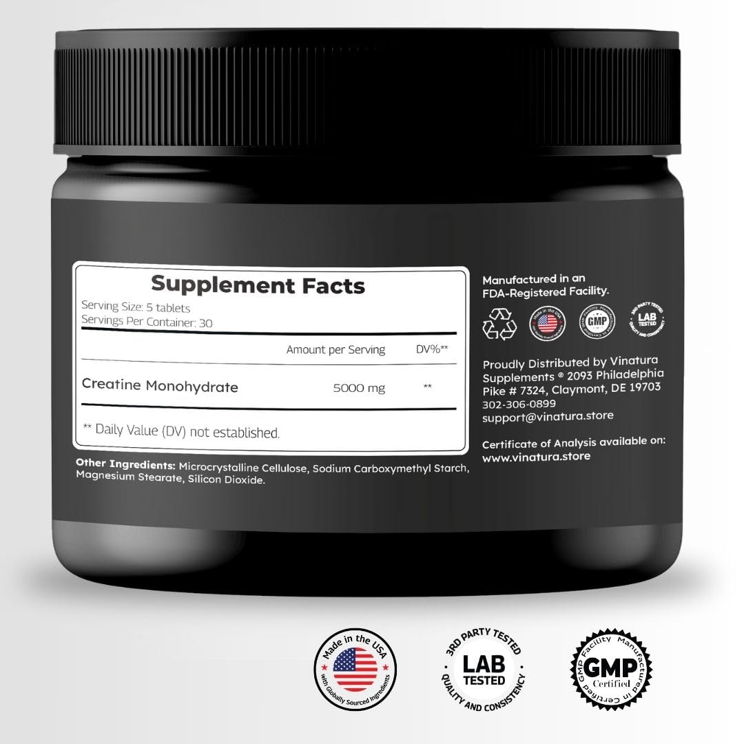 VINATURA Creatine Monohydrate Pills 5g - creatine Tablets, creatine Pills for Men, Women, creatina en capsulas *USA Made & Tested* Unflavored, creatine monohydrate Powder alt, 150 Tablets 30 Servings