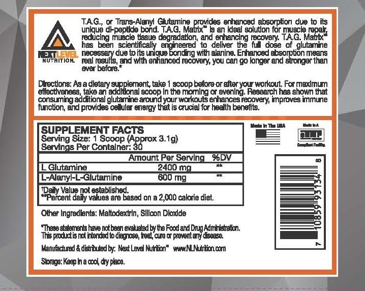 Next Level Nutrition TAG Matrix Unflavored | Glutamine Intra Workout Amino Recovery Powder | 30 Servings