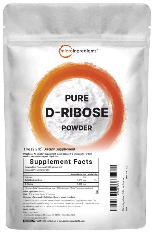 Pure D Ribose Powder, 1 KG (2.2 Pound & 200 Servings) - Hair Support Supplement, Natural Simple Sugar, Dissolves Clear, Pharmaceutical Grade - Filler Free, No GMOs, No Gluten & Water Soluble