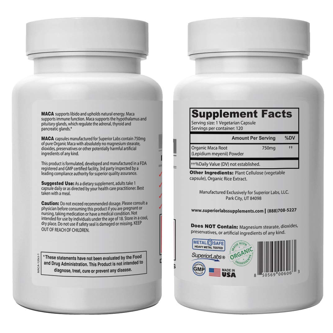 Superior Labs - Organic Peruvian Maca - 100% Pure NonGMO - Dietary Supplement for Calming and Relaxation - Zero Synthetic Additives, Stearates, Dioxides - 750mg, 120 Vegetable Capsules