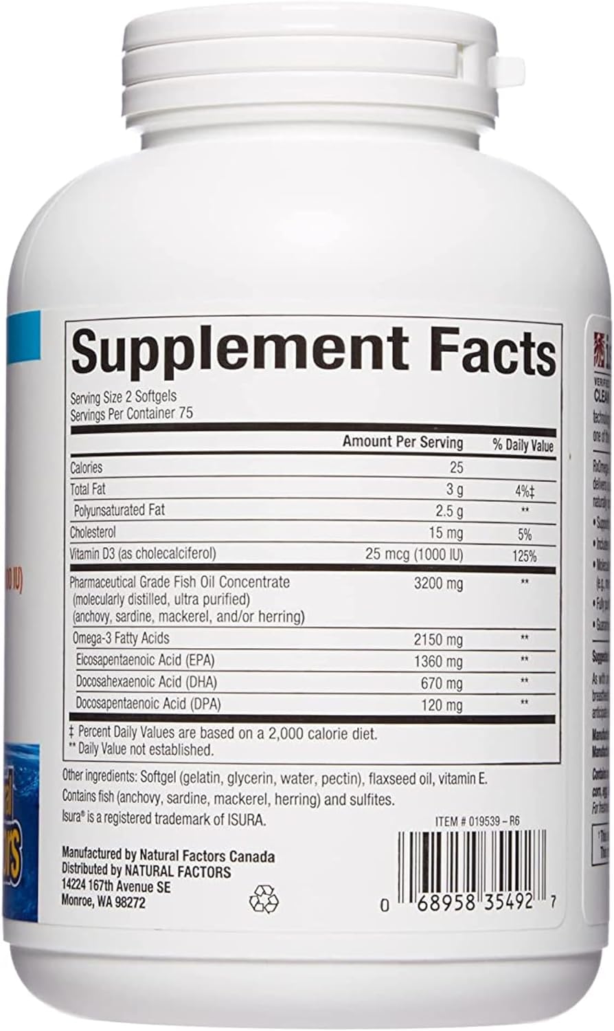 Natural Factors RxOmega-3 Ultra Strength Fish Oil with Vitamin D3, High Potency Formula, 2,150 mg, No Fishy Aftertaste, 150 Softgels