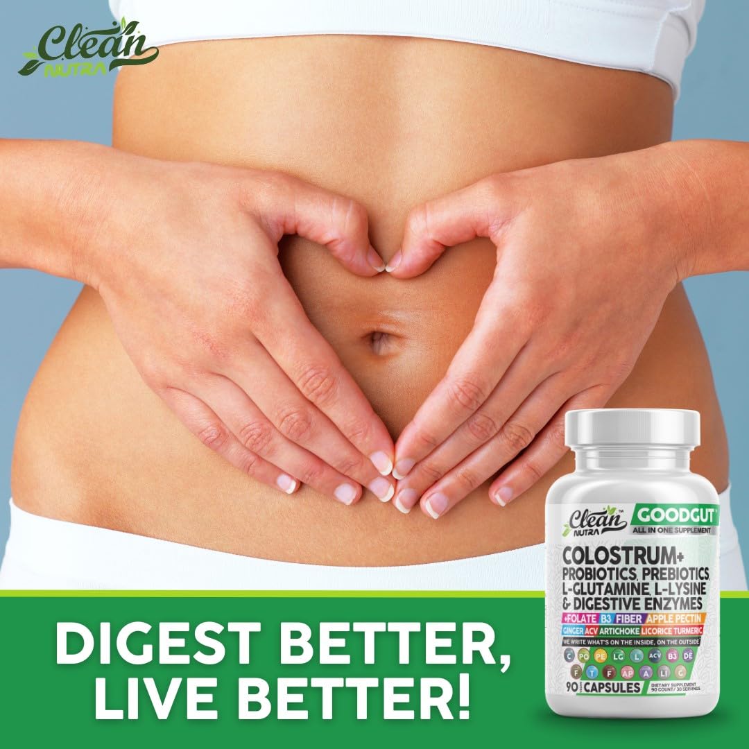 Clean Nutraceuticals Colostrum Supplement Capsules Probiotics Pills Prebiotics, L-Glutamine, Digestive Enzymes, Folate, Fiber, ACV, Turmeric, Apple Pectin and Turmeric Good Gut