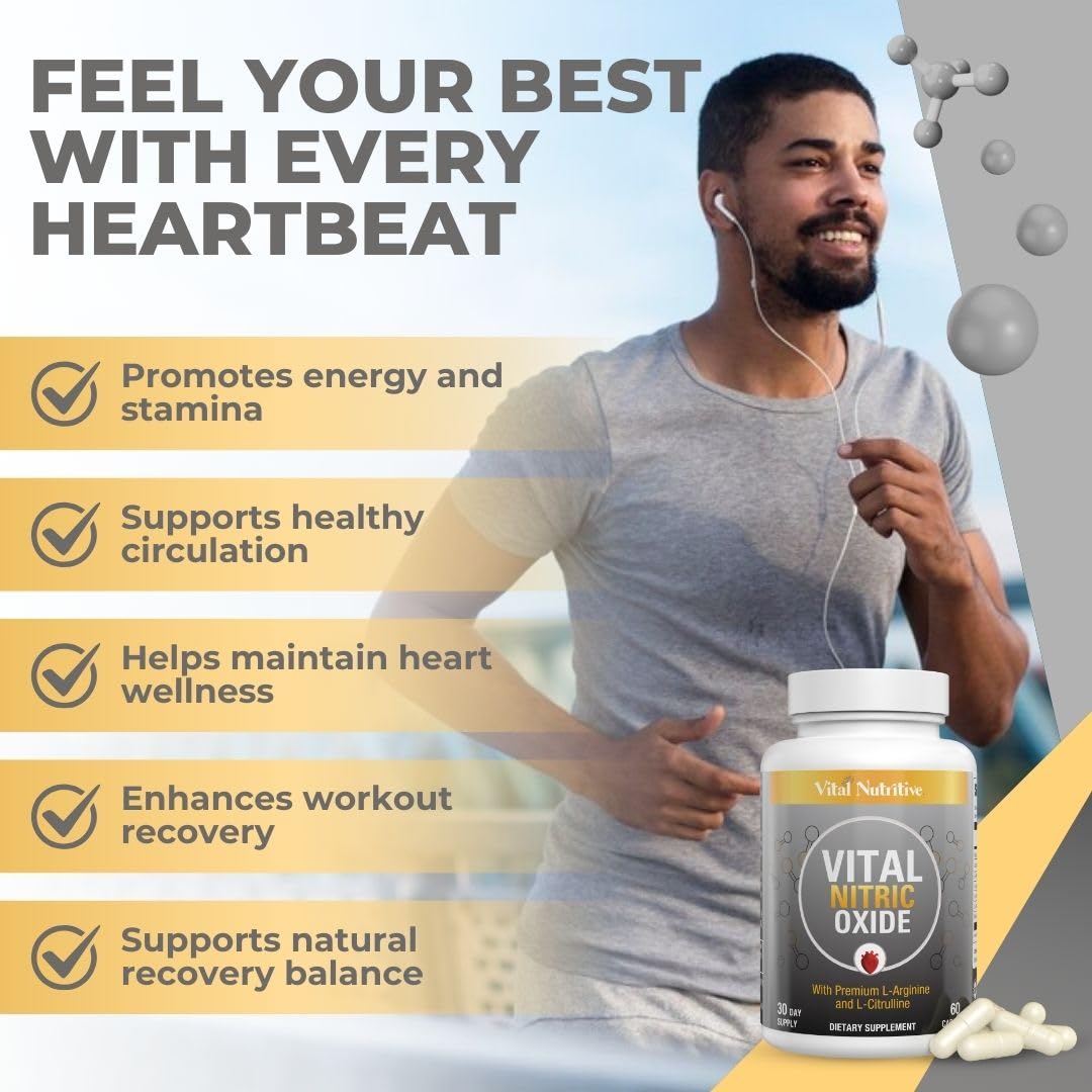 Vital Nitric Oxide Supplements for Men - Workout Booster Supplement for Men - Nitrous Oxide Boost Blood Flow, Blood Pressure, Energy and Workout Performance -30 Days Supply With L Arginine L Citruline