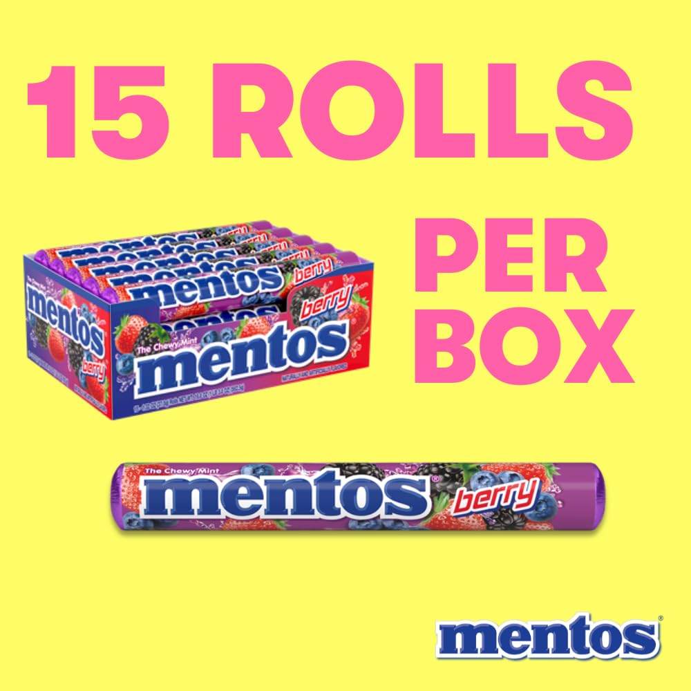 Mentos Candy Chewy Candy Mint Roll Berry Flavored Amazon Exclusive Party Office Concessions 14 Pieces Bulk Pack of 15 Rolls