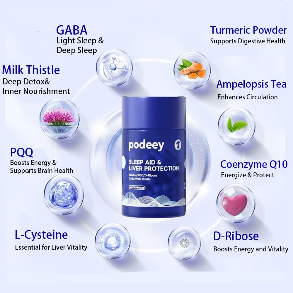 Podeey Liver Cleanse & Detox & Sleep Support & Ingredient Blend Milk Thistle,Curcumin,D-Ribose,Gamma-Aminobutyric Acid (GABA),Coenzyme Q10,COQ10