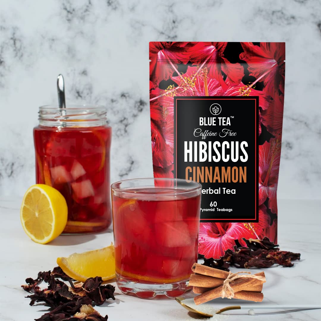 BLUE TEA  Hibiscus Cinnamon Herbal Tea  60 Tea Bags  PRIME SAVINGS DAY  TANGY  SPICY  Caffeine  Free  Farm Packed  Flower Based  Vegan  Gluten Free  NonGMO  EcoConscious Ziplock Pouch