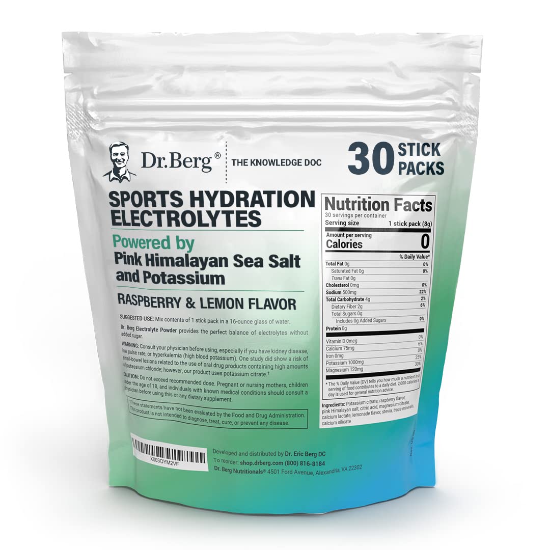 Dr. Berg Sports Hydration Electrolytes Powder w/More Salt (Pink Himalayan) - 30 Keto Electrolytes Powder Packets w/a Delicious Salty Raspberry & Lemon Flavor - Includes 1,000mg of Potassium
