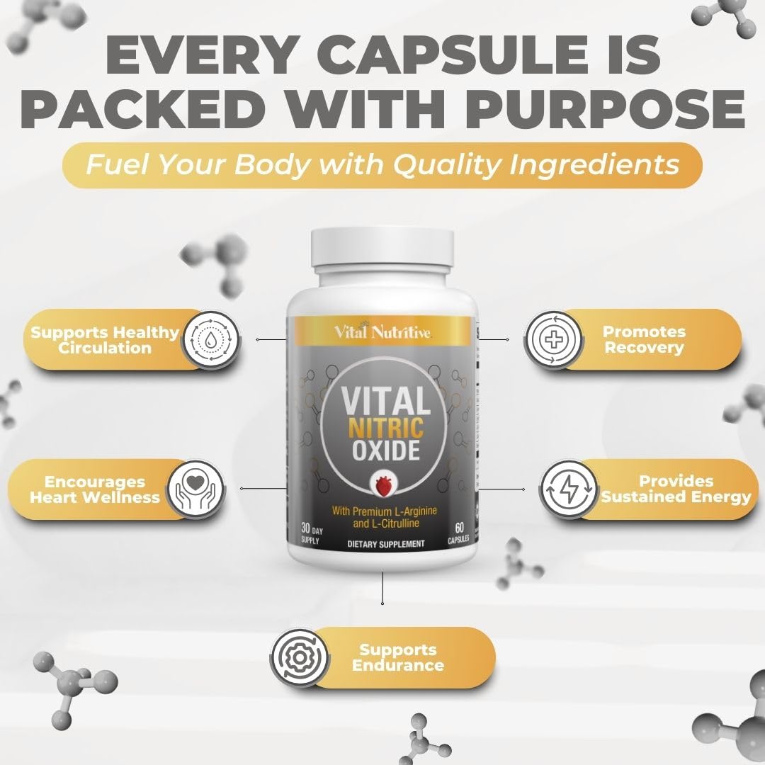 Vital Nitric Oxide Supplements for Men - Workout Booster Supplement for Men - Nitrous Oxide Boost Blood Flow, Blood Pressure, Energy and Workout Performance -30 Days Supply With L Arginine L Citruline