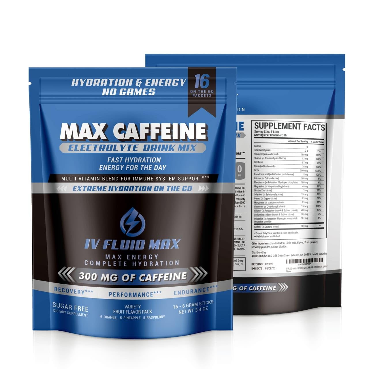 IV FLUID MAX - Hydration Acceleration - 300 mg Caffeine - Electrolyte + Energy Drink Mix - Preworkout/Recovery Drink