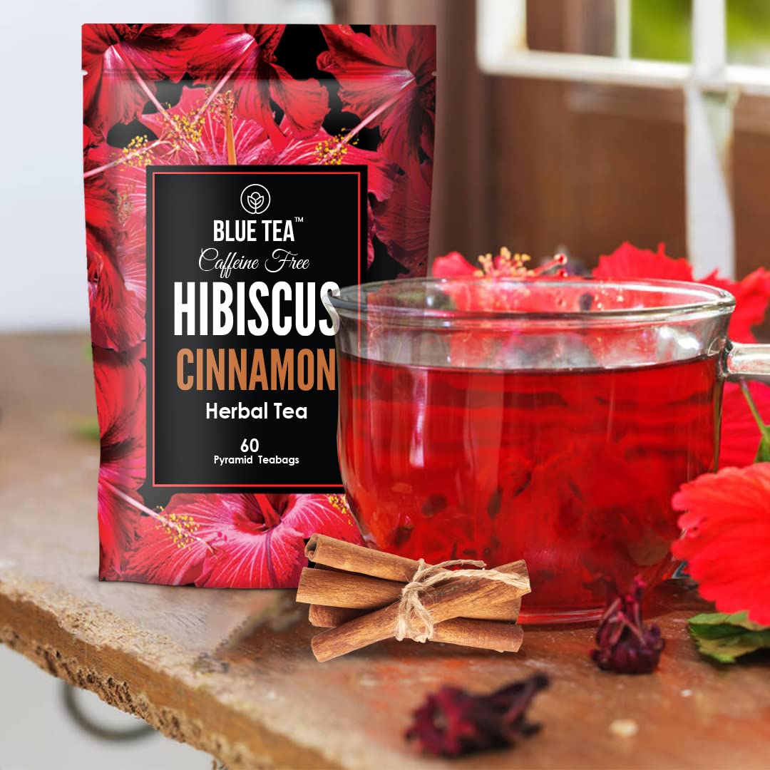 BLUE TEA  Hibiscus Cinnamon Herbal Tea  60 Tea Bags  PRIME SAVINGS DAY  TANGY  SPICY  Caffeine  Free  Farm Packed  Flower Based  Vegan  Gluten Free  NonGMO  EcoConscious Ziplock Pouch