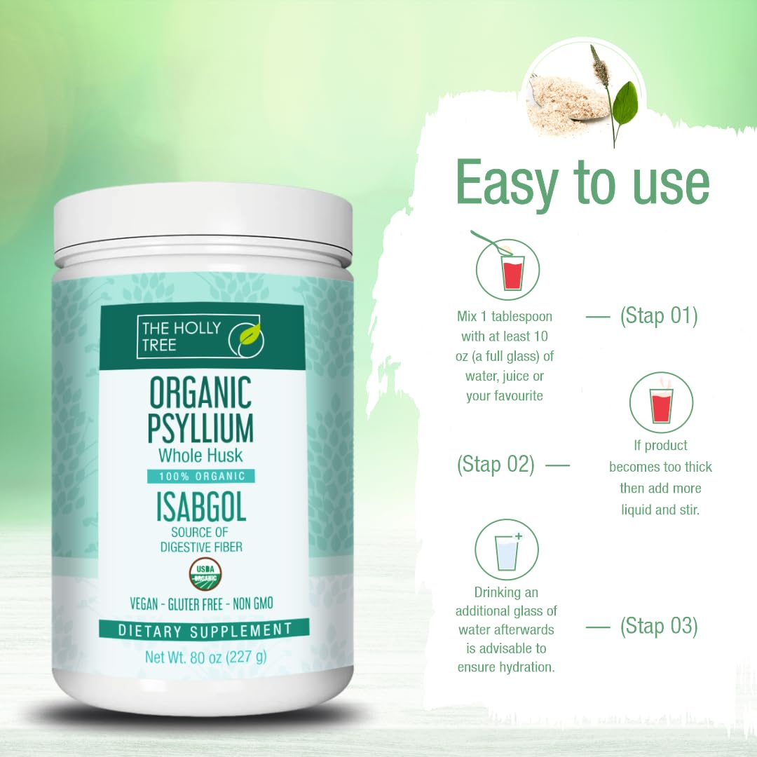 THE HOLLY TREE Organic Whole Psyllium Husk - 8 oz - Psyllium Husk Fiber for Digestive Health & Regularity - Vegan - Gluten-Free - Non-GMO - USDA Organic - Kosher - Whole Psyllium Husk Supplement