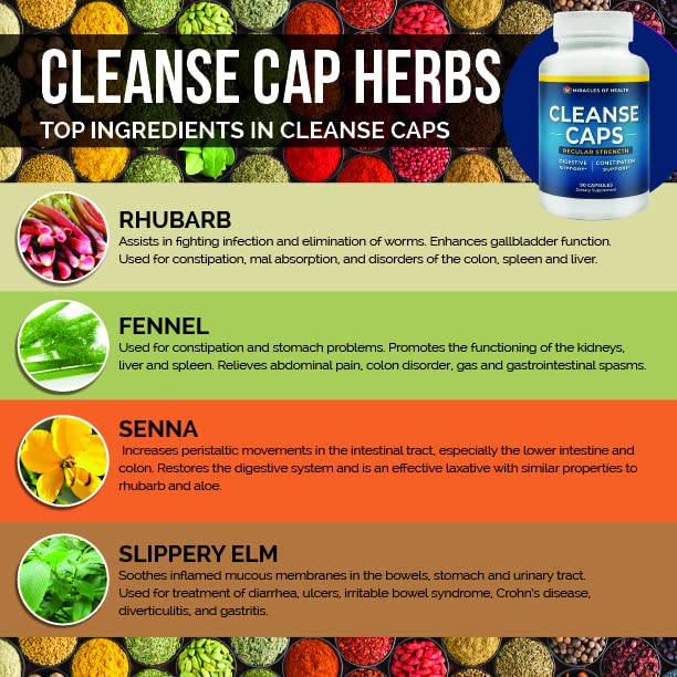Miracles of Health Herbal Cleanse Caps - Regular Strength | 100% Natural Laxative and Colon Cleanser