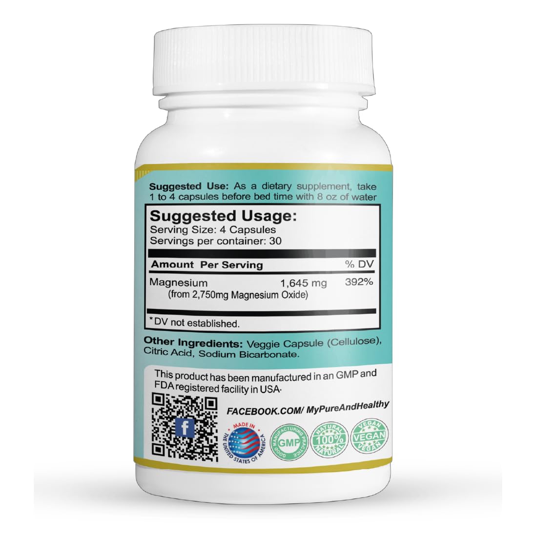 Pure & Healthy Oxypure Magnesium Oxide Colon Cleanser with Sodium Bicarbonate Veggie Capsules 60 Count