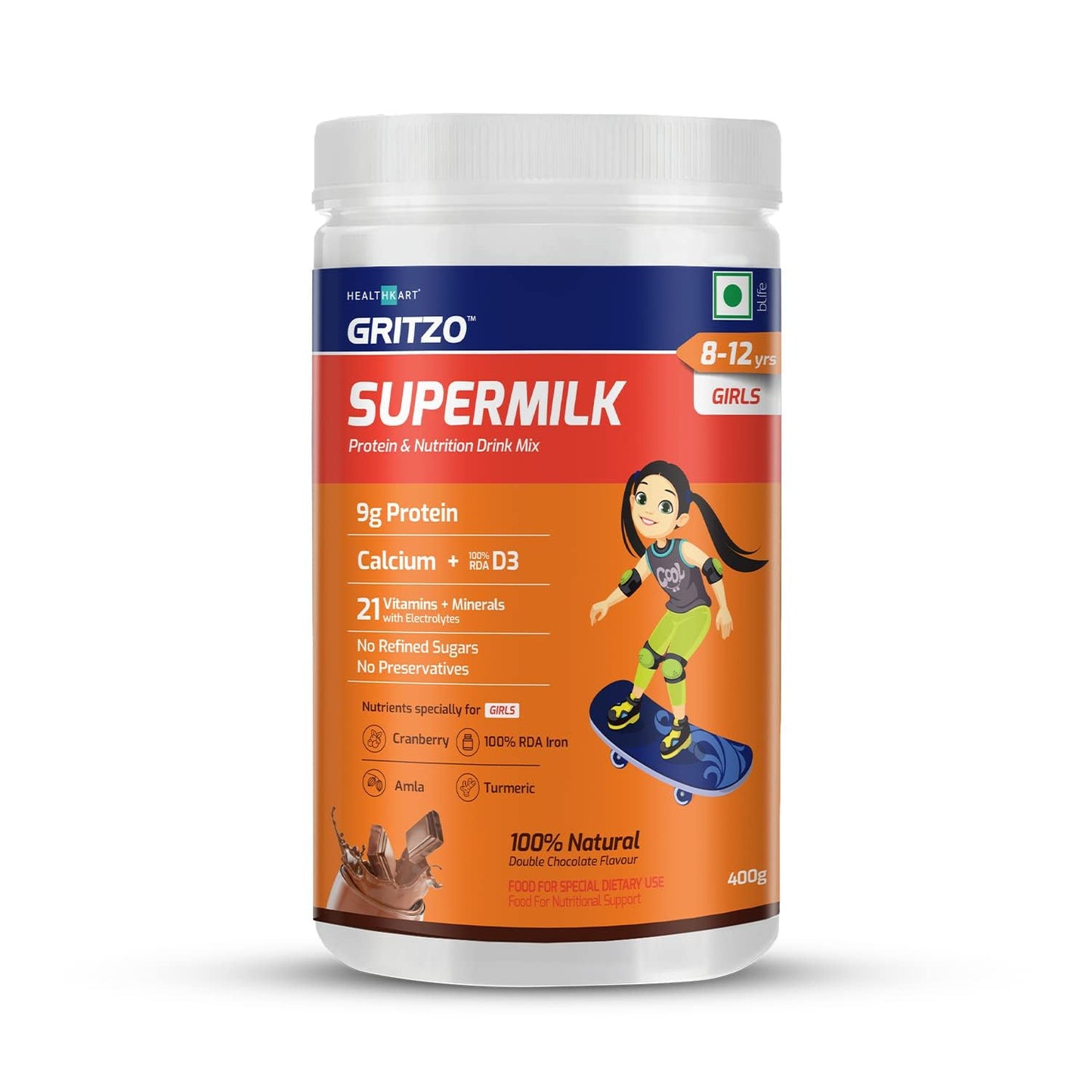 SuperMilk 8-12y (Girls), Kids Nutrition & Health Drink, Protein Powder for Kids Growth & Sports, High Protein (10 g), Calcium + D3, 21 Nutrients, Natural Double Chocolate Flavour, 400 g | 14.10 Ounce