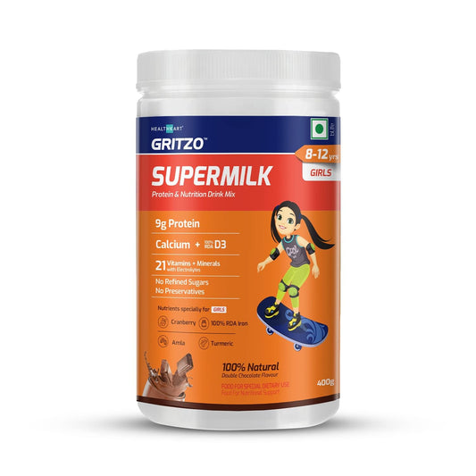 SuperMilk 8-12y (Girls), Kids Nutrition & Health Drink, Protein Powder for Kids Growth & Sports, High Protein (10 g), Calcium + D3, 21 Nutrients, Natural Double Chocolate Flavour, 400 g | 14.10 Ounce