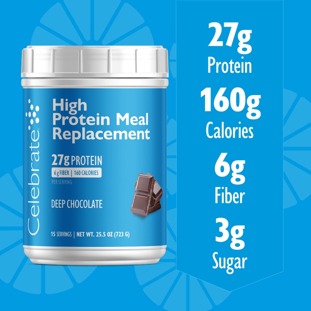 Celebrate Vitamins High Protein Meal Replacement Shake, 27 g Protein Powder, 6 g of Fiber, For Post-Bariatric Surgery Patients, Deep Chocolate, 15 servings