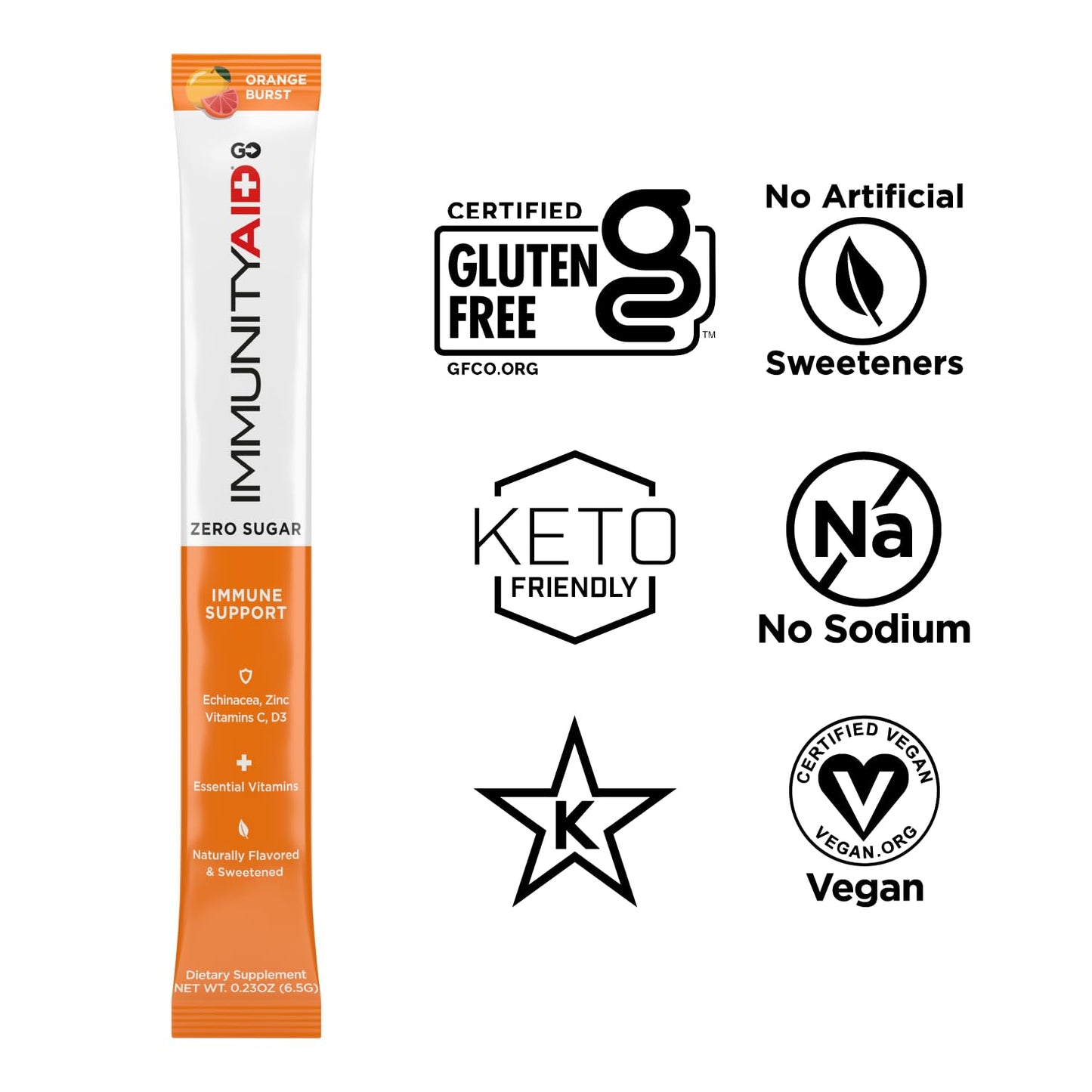 LIFEAID IMMUNITYAID GO! Zero Sugar Immunity + Hydration Packet, Vitamin C, Echinacea, Zinc, Astragalus Root, Keto-friendly, Vegan & Gluten-Free, 5 calories, Naturally Sweetened, No Caffeine, 14 Pack