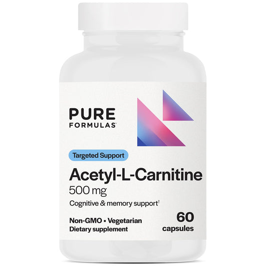 PureFormulas Acetyl L-Carnitine Cognitive & Memory Support L Carnitine Supplement for Brain, Focus, & Calmness Alcar, 500mg Dairy Free Non-GMO 60 Capsules