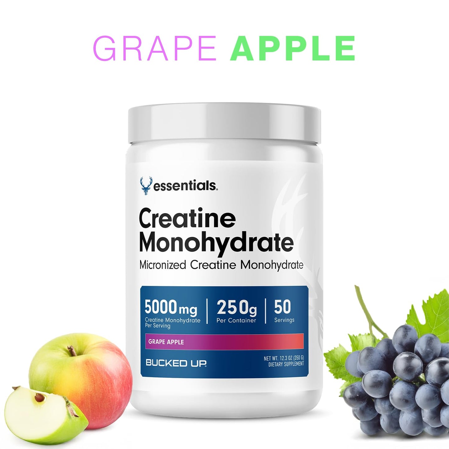 Bucked Up Grape Apple Creatine for Women and Men - Easy to Mix Vegetarian - Flavored Creatine Monohydrate Powder - Made in USA - 5G Per Serving - 50 Servings - 250 Grams Per Container