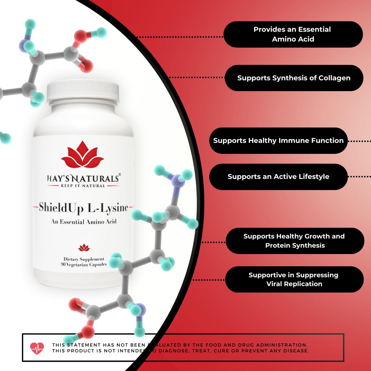 Hay's Naturals ShieldUp Lysine - Immune System Support & Cold Sore Relief - Collagen Support - Vegan - 90 Capsules