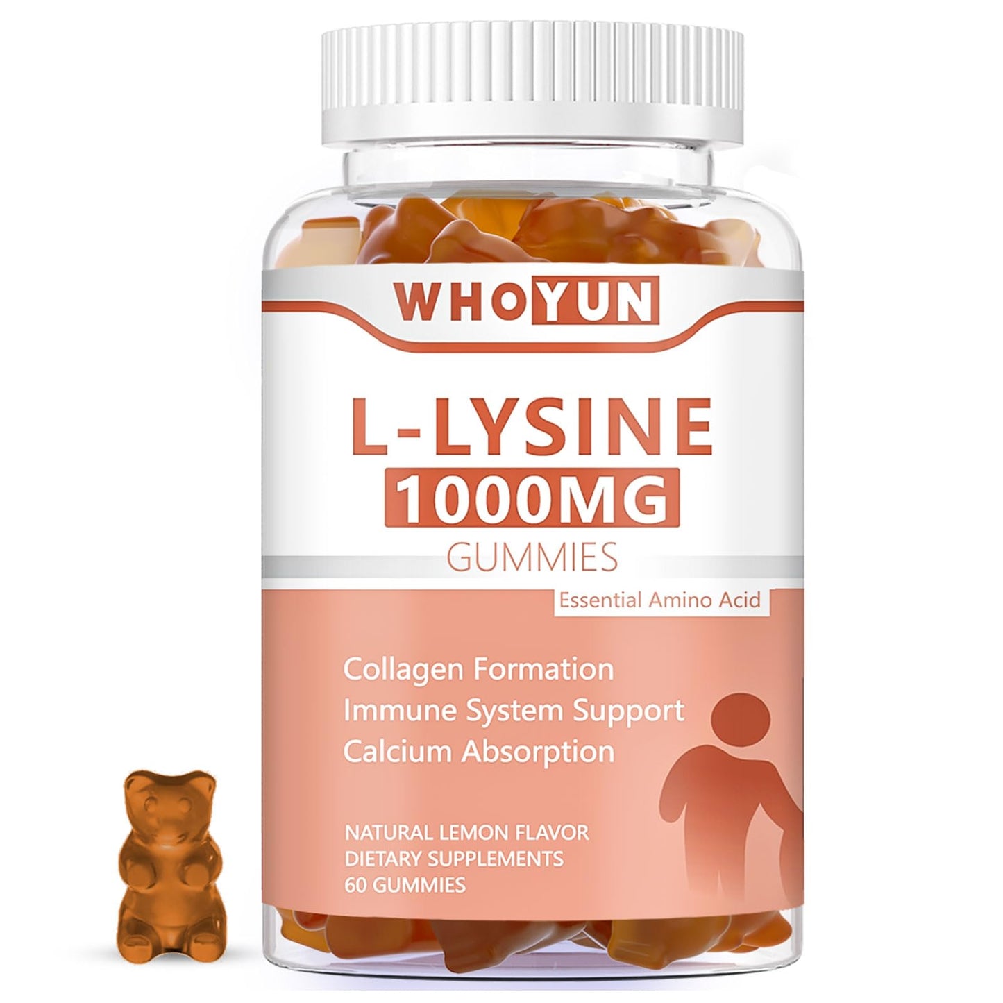 Whoyun L-Lysine 1000mg Gummies, Chewable Lysine Supplement for Adults, Immune Support, Collagen Formation Support, Lemon Flavor, 60 Count