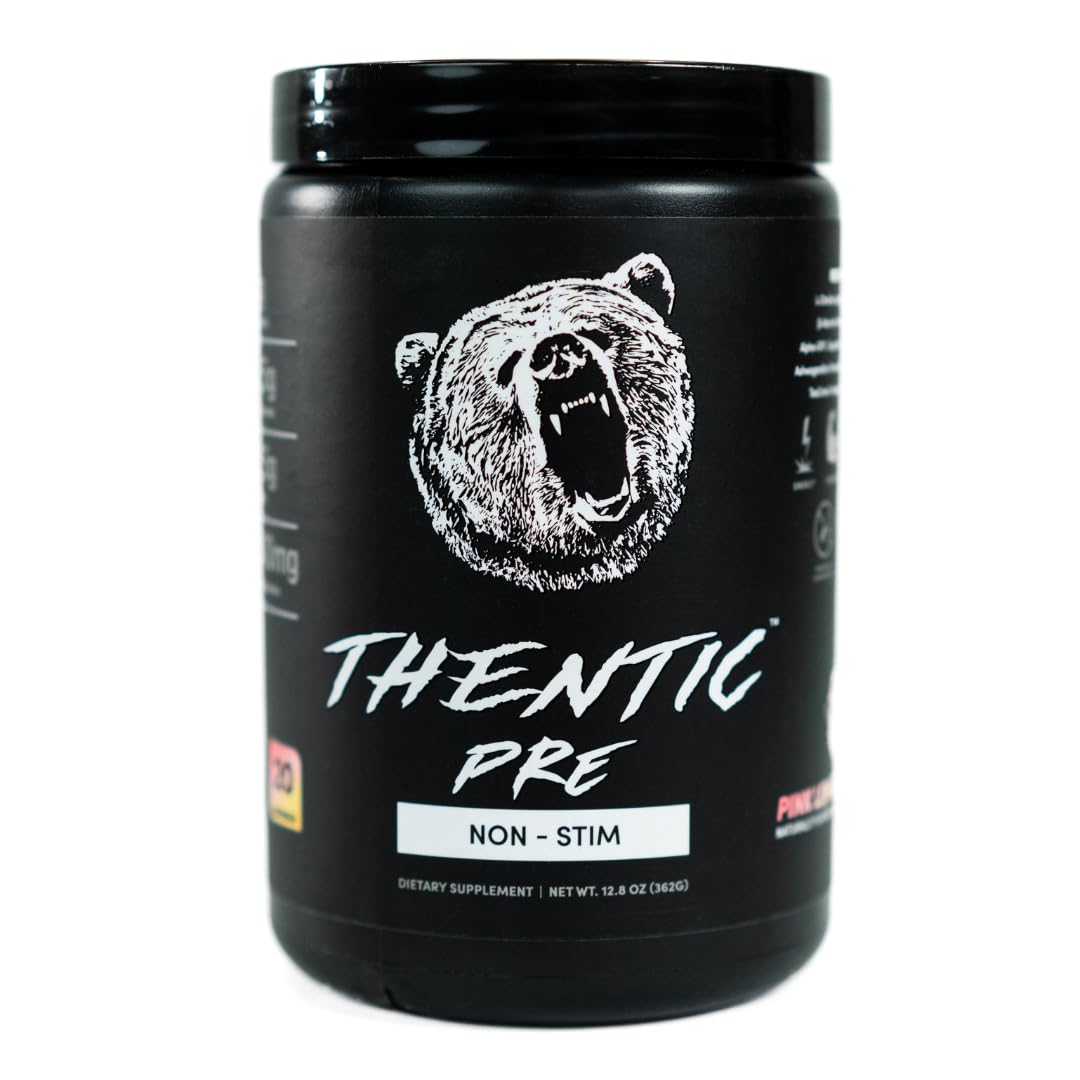 THENTIC Caffeine Free Pre Workout - Naturally Flavored & Sweetened Nootropic Non-Stim Pre Workout Supplement- Laser Focus, Energy, Strength, Endurance, Power (Pink Lemonade)