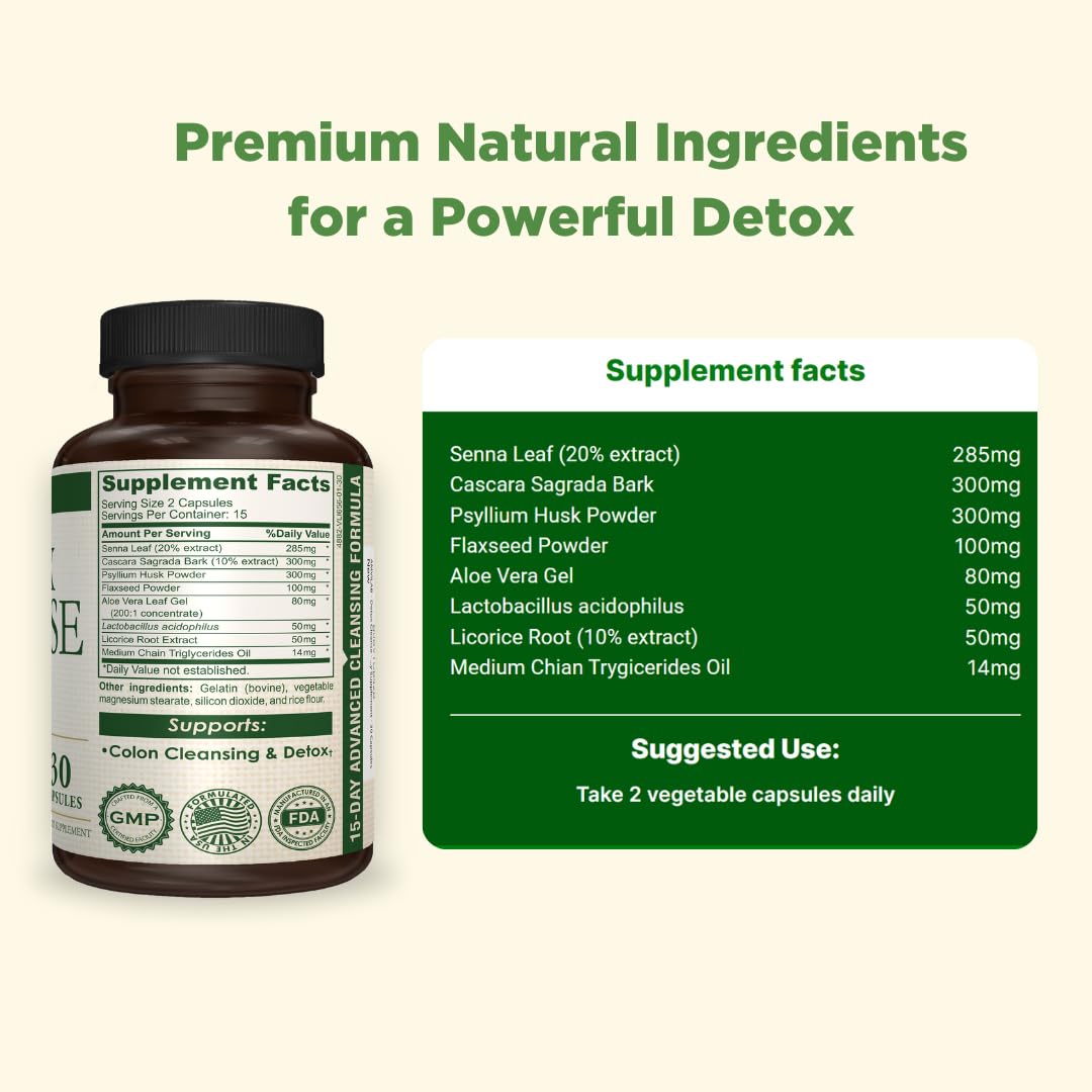 AMVILAB - Detox Cleanse - Colon Detox - Supports Healthy Bowel Movement & Detox - Gut & Colon Detox Cleanse - Natural Laxative for Constipation - Reduce Bloating - Dietary Supplement - 30 Capsules