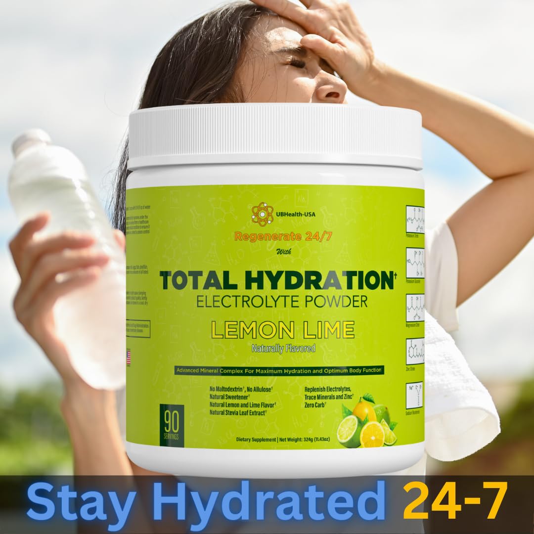 Total Hydration Electrolyte Replacement Mix Supplement Powder - 500 mg Potassium Citrate & Gluconate - Magnesium - Zink - Pink Salt - Natural Flavor -Stevia- No Allulose (90 Servings, Lemon Lime)