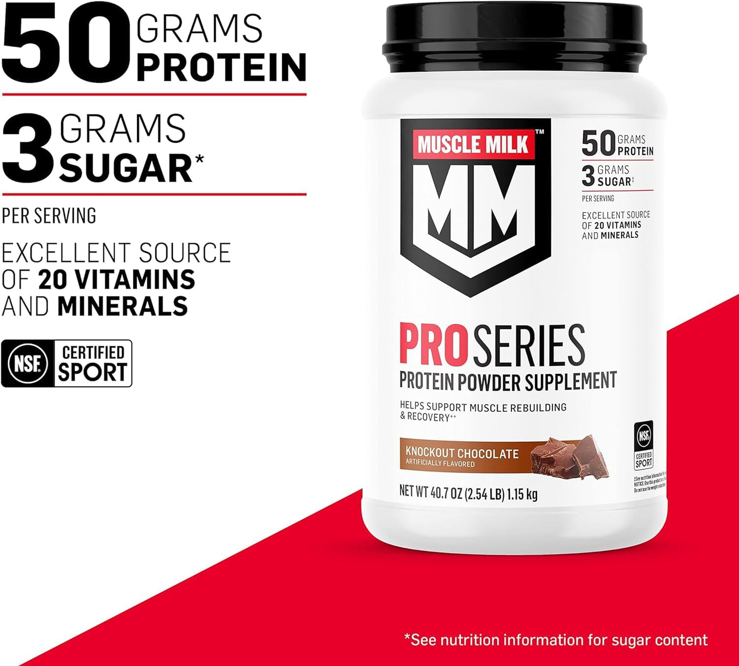 Muscle Milk Pro Series Protein Powder Supplement,Knockout Chocolate,2 Pound,11 Servings,50g Protein,3g Sugar,20 Vitamins & Minerals,NSF Certified for Sport,Workout Recovery,Packaging May Vary