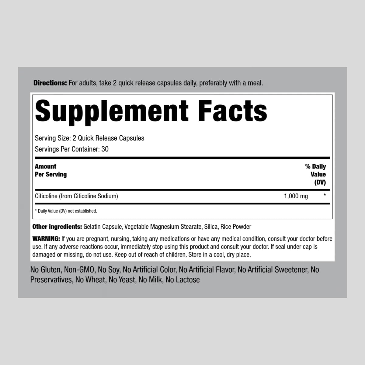 Piping Rock CDP Choline Citicoline 1000mg | 60 Quick Release Capsules | for Men and Women | Non-GMO, Gluten Free Dietary Supplement