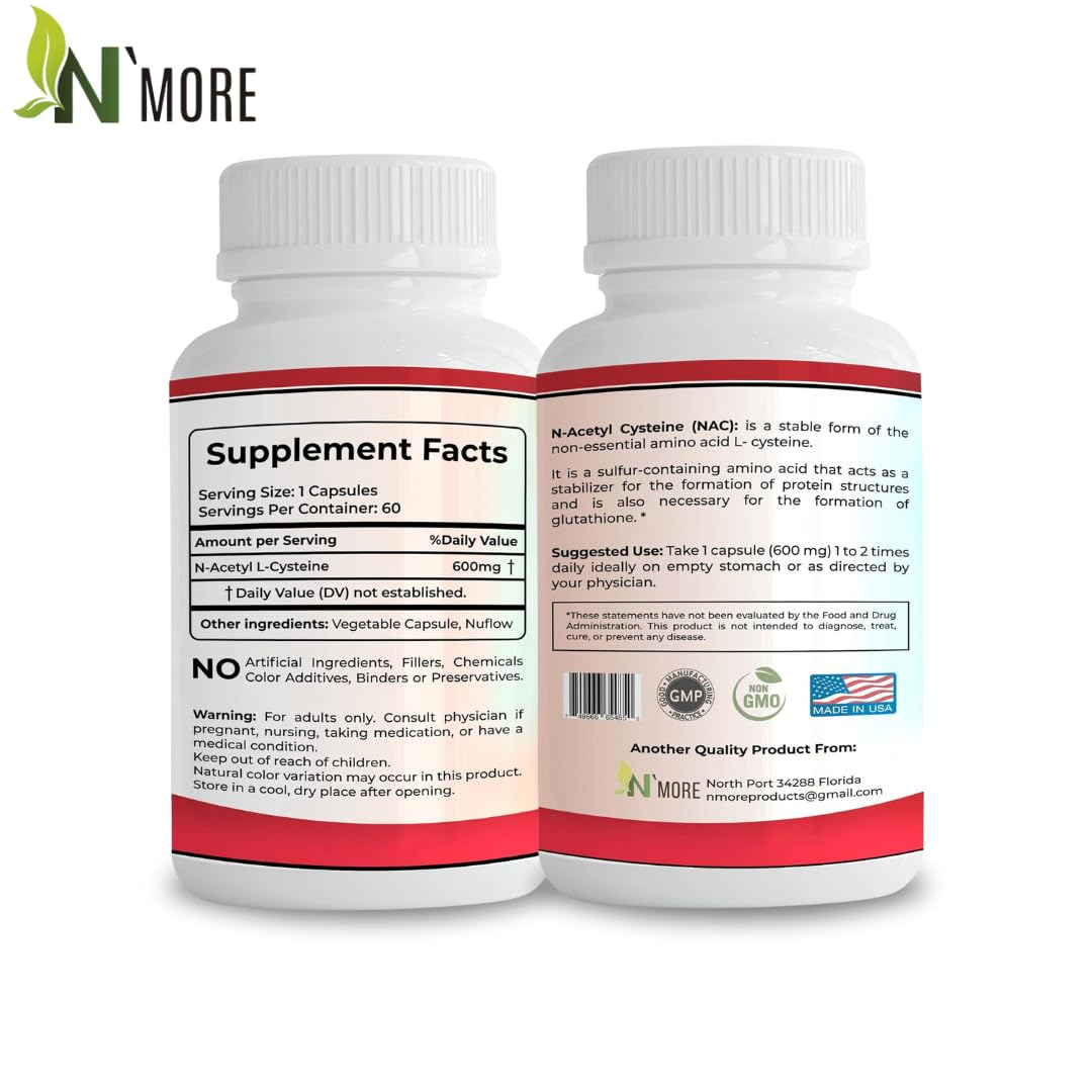 N'More N-Acetyl-Cysteine (NAC) 600 Mg 60 Veggie Capsules Non-GMO, Gluten Free
