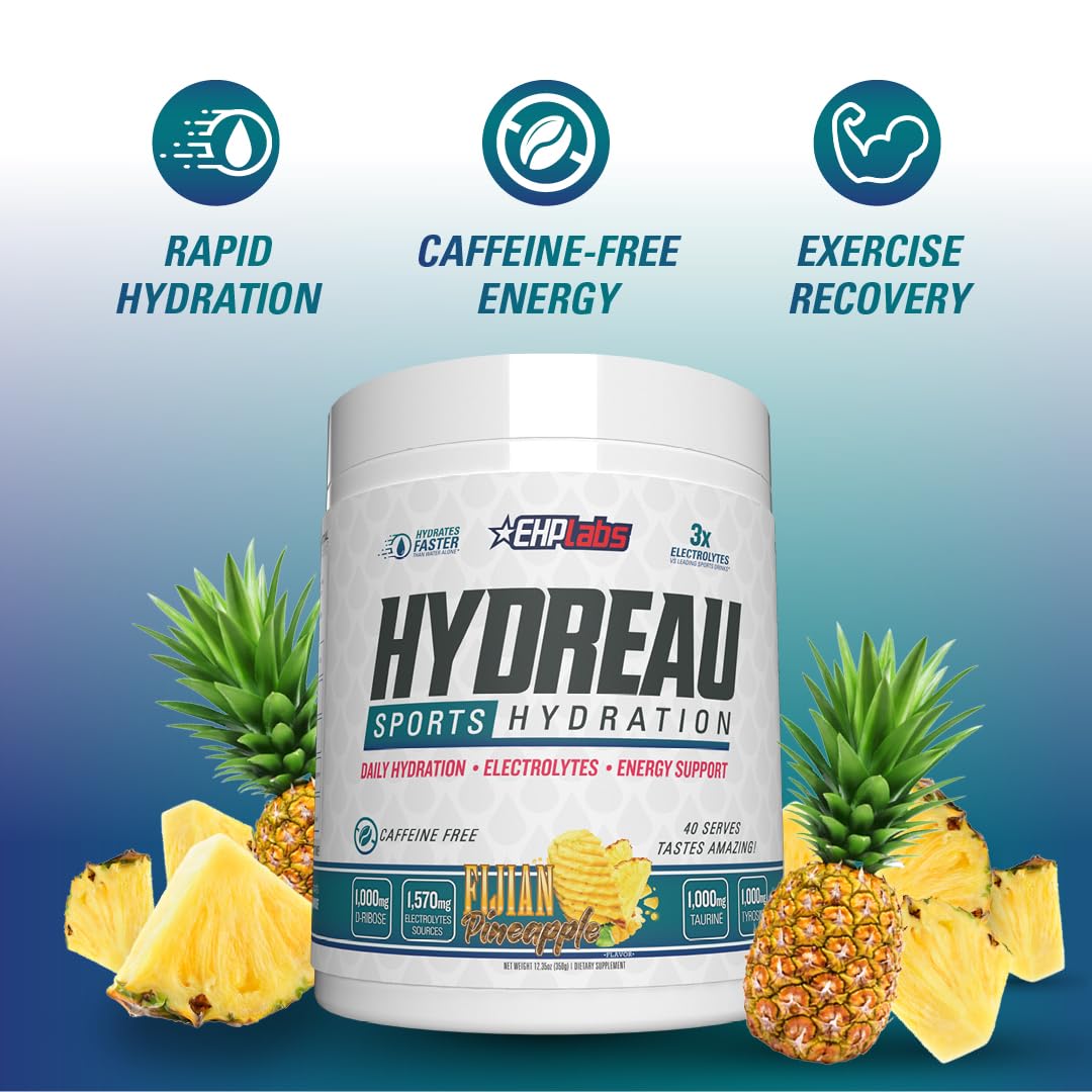EHP Labs Hydreau Electrolytes Powder No Sugar - Hydration Powder for Endurance & Energy - Electrolyte Powder for Men & Women - Sugar Free Electrolytes - Fijian Pineapple (40 Serves)