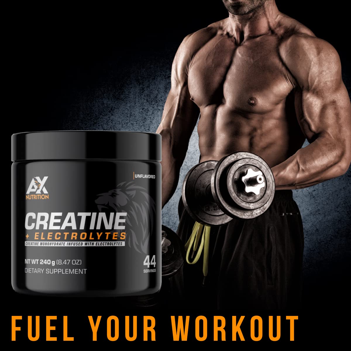 AX Nutrition Creatine + Electrolytes 240g | 100% Pure Creatine Monohydrate Infused with Electrolytes| Support Muscle Growth While Staying Hydrated | 44 Servings