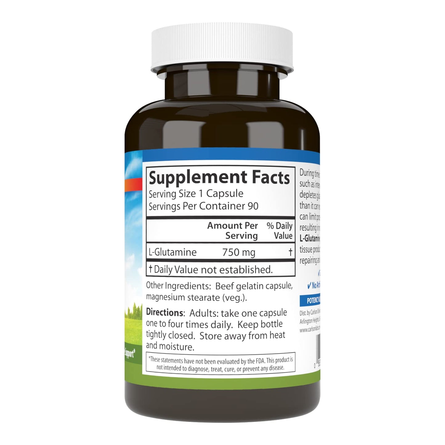 Carlson - L-Glutamine, Free-Form Amino Acid, 750 mg, Muscle Tissue Production, 90 Capsules