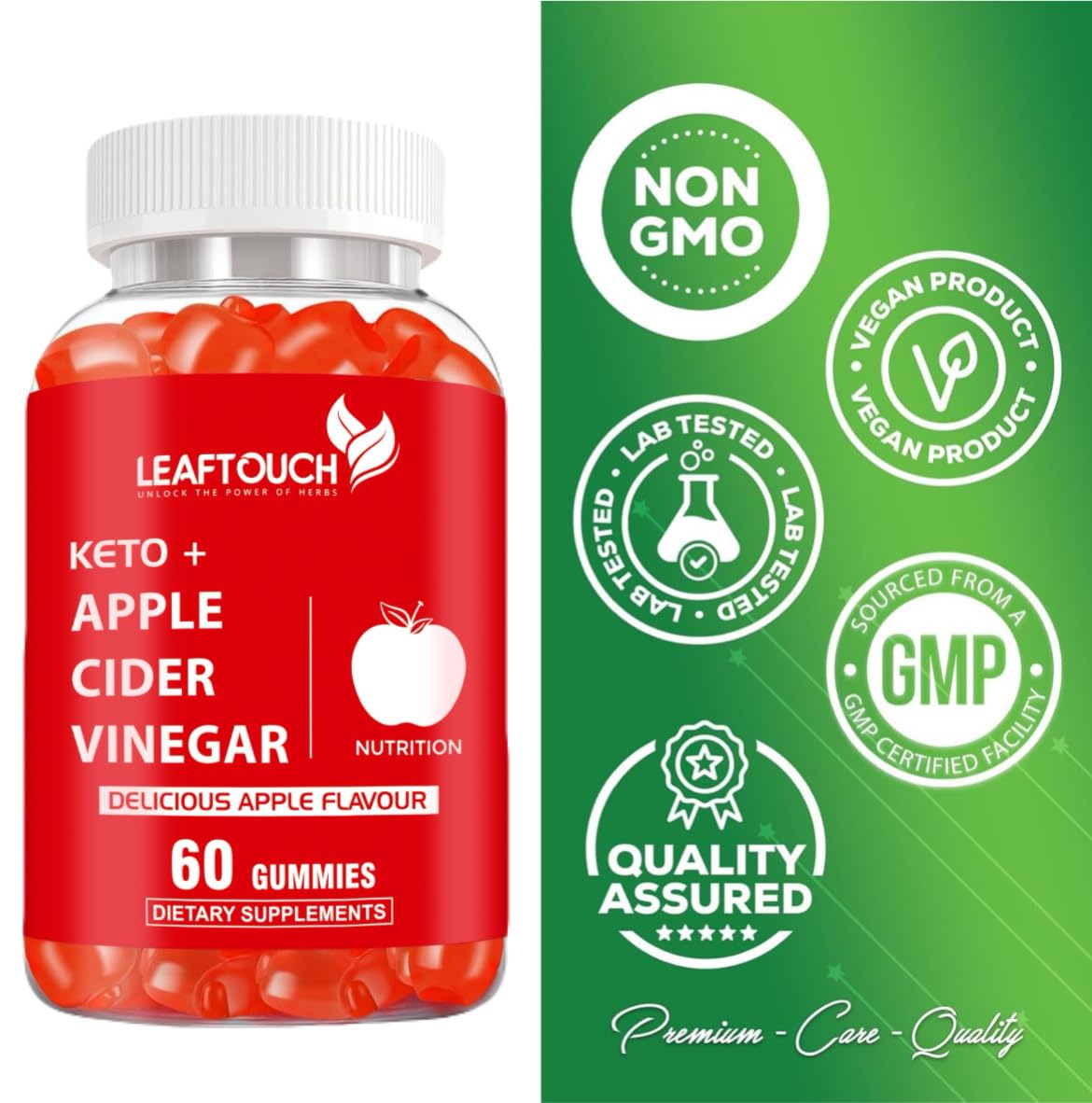 LEAFTOUCH-UNLOCK THE POWER OF HERBS Apple Cider Vinegar Gummies | 60 Count | ACV Supplement | Apple Flavor | Non-GMO, Gluten Free Gummies | Individually Wrapped 60 Gummies
