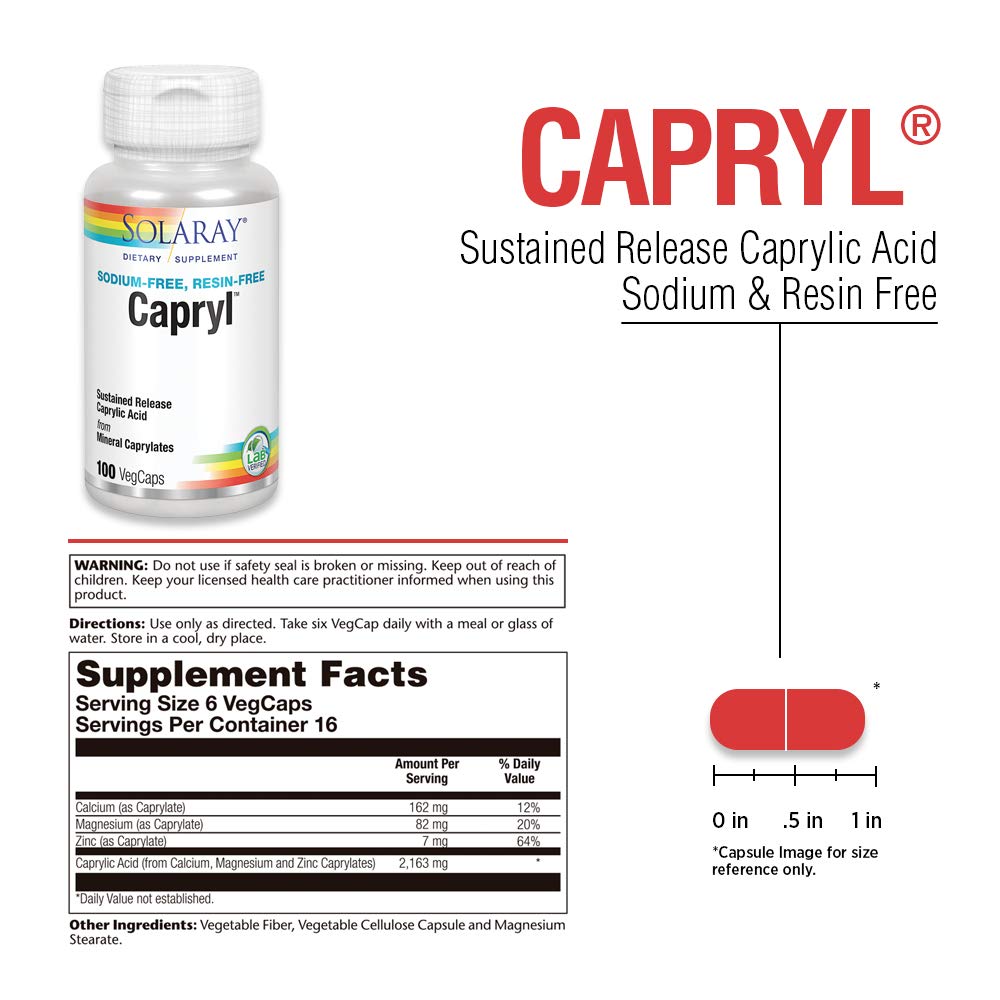 SOLARAY Capryl | Sustained Release Caprylic Acid | Healthy Gastrointestinal Tract Support | 16 Servings | 100 VegCaps