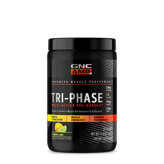 GNC AMP Tri-Phase Multi-Action Pre-Workout | Supports Muscle Performance & Endurance | Lemon Lime | 30 Servings
