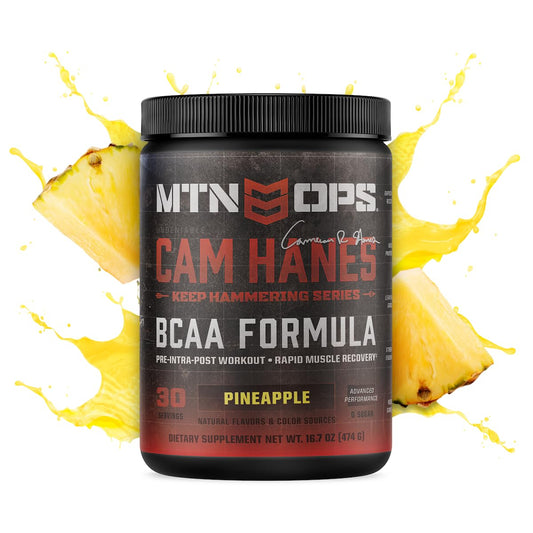 MTN OPS Cameron Hanes Keep Hammering BCAA 2:1:1 Amino Acids Supplement Powder for Rapid Muscle Recovery & Repair with Zero Sugar & Gluten Free - 30 Servings (Pineapple)