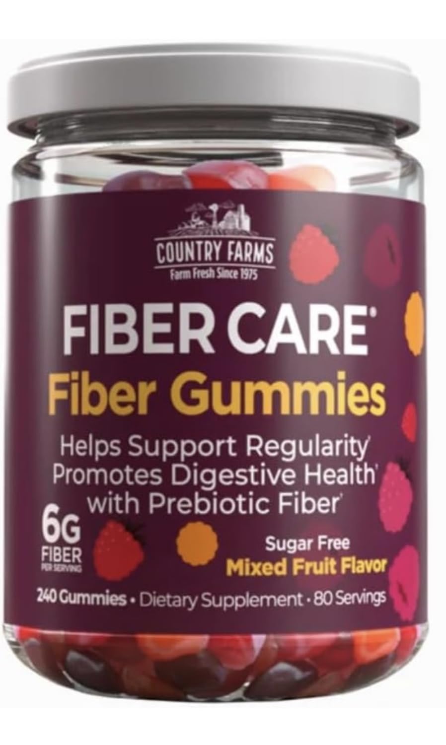 Country Farms Fiber Care Prebiotic Gummies, 6g of Fiber Per Serving, FOS from Beets, Digestive Health, Supports Regularity, Mixed Fruit Flavor, (240 Gummies)