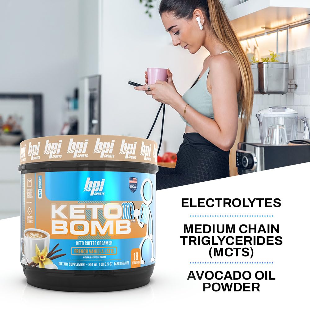 BPI Sports Keto Bomb - Promotes Energy, Hydration and Fat Loss - MCT and Electrolytes - Sugar-Free with Calcium - French Vanilla Latte, 18 Servings