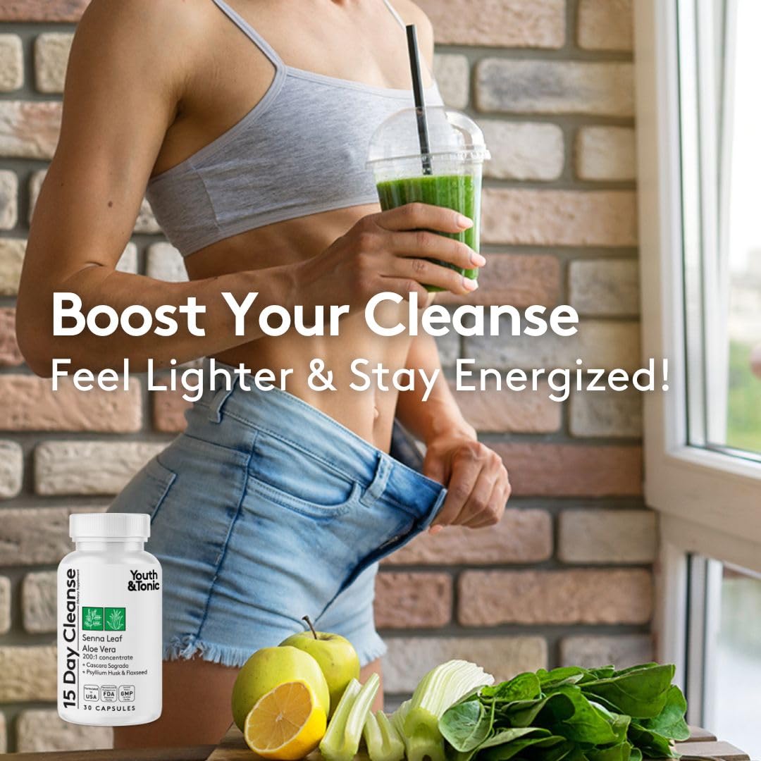 Youth & Tonic Jumpstart Cleanse - Water Weight Away Pills & 15 Day Colon Detox & Gut Cleanser for Bloating, Energy, and Metabolism Support - Aids in Shedding Excess Fluids for a Lighter Body - 90 Caps