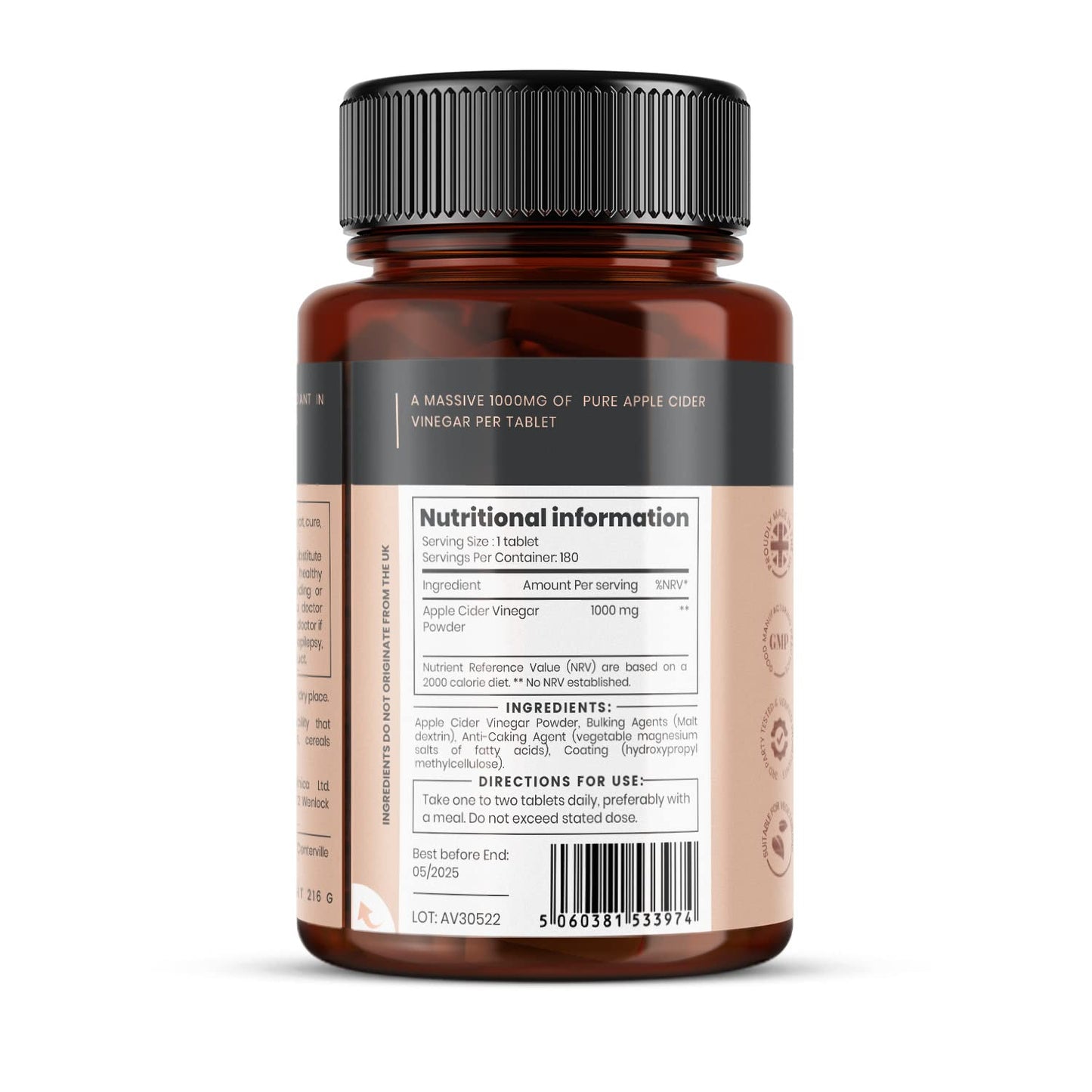 Double Strength Apple Cider Vinegar 1000mg x 360 Tablets (2 Bottles of 180 Tablets - 1 Years Supply)