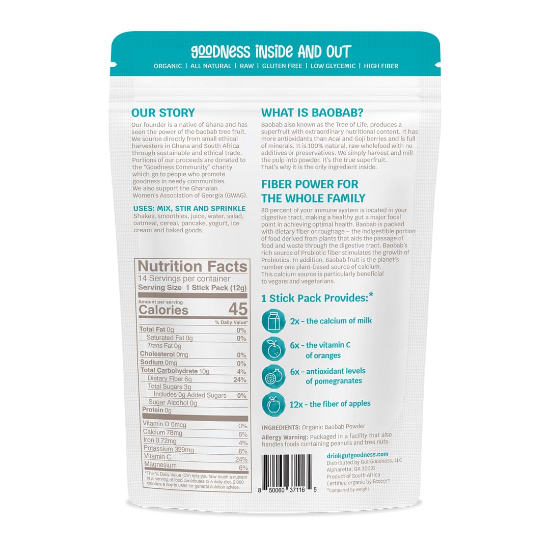Gut Goodness Organic Prebiotic Baobab Powder Stick Packs - Daily Fiber, Digestive Health, Energy & Recovery - Nutrient-Rich - Vitamin, Dietary Fiber