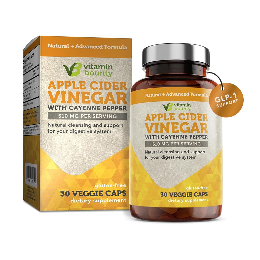 Vitamin Bounty Apple Cider Vinegar Capsules with Cayenne Pepper - Organic ACV with Mother for Digestive Health & GLP-1 Support - 510mg, 30 Capsules